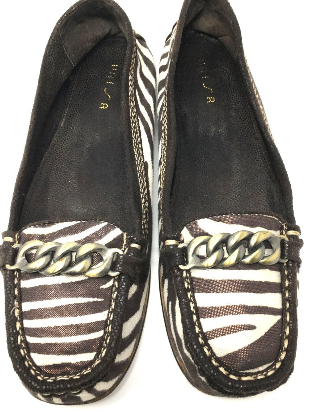 Unisa Brown Zebra Print Flat Loafer Metallic Sz 8.5 Brass Chain Vamp